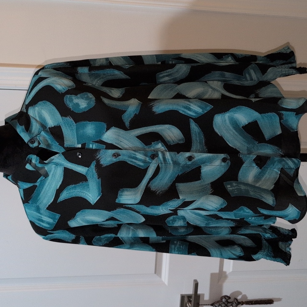 Worn Once Chico's Black and Teal Brushstroke Button Down Shirt